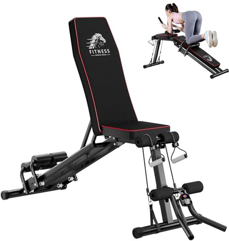 Dskeuzeew Adjustable Weight Bench, 660LBS/300KG Stable Strength Gym Bench with Resistance Bands, Fast Folding Incline/Decline Multi-Position Adjustable Gym Bench (Red&Black)