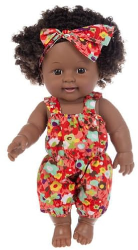 Comebachome Black Baby Dolls, 12 Inch Movable Joint African American Baby Doll, Realistic Doll with Curly Hsair and Wearable Clothes for Kids Gifts, Red, Decor
