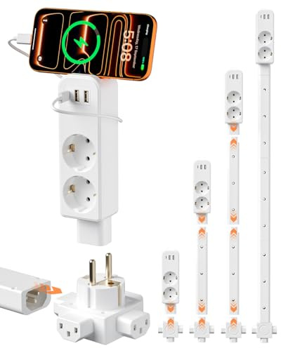 Prolunga presa elettrica con asta, multipresa direzionale 4 vie con USB-C, 2 USB-A e 2 prese AC, estensibile 20–91 cm, montaggio a vite per casa e ufficio