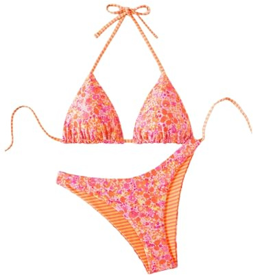GORGLITTER Women's Floral Striped Bikini Sets High Cut Cheeky Halter Tie Triangle 2 Piece Resort Bathing Suits Orange Medium