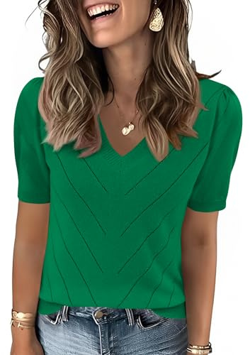 Rapbin Women's Jumpers UK Puff Short Sleeve Tops Clothes Fashion V Neck Shirt Clothing Summer Casual Work Sweater Pullover