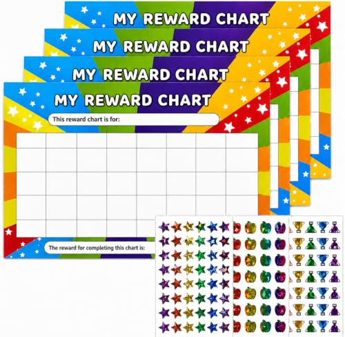 4Pack Reward Chart & Sticker Chart Set, A4 Habit Tracker and 125 Stickers | Behaviour Charts, 3 Style Sticker Chart for Encourage Good Behaviour, Study goals, Home routines, Daily motivation