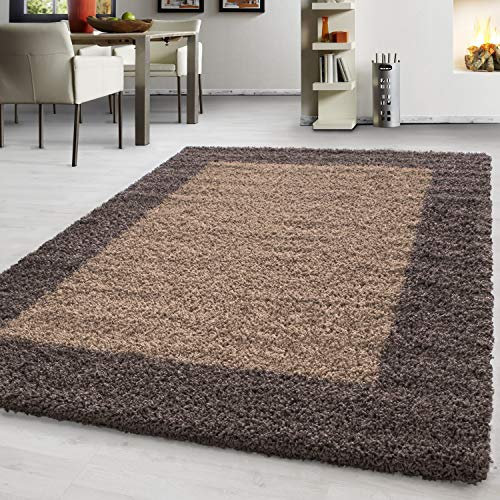 Hochflor Teppich Wohnzimmer Bordüre Design Schlafzimmer Esszimmer Flur Läufer Küchenteppich Weich & Flauschig Langflor Pflegeleicht Läufer Teppich in Farbe: Taupe, Grösse: 60 x 110 cm
