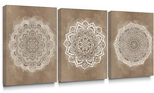 SUMGAR Kunstdrucke Auf Leinwand Wandkunst Schlafzimmer Mandala Gemälde Boho Decor Blume Bilder Kaffee grau Floral indischen böhmischen Hauptdekorationen Set von 3 Paar Freund Geschenk