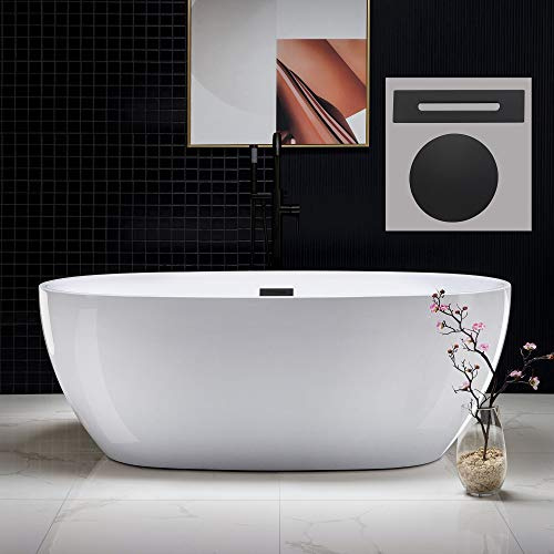 WOODBRIDGE 67 Acrylic Freestanding Bathtub Contemporary Soaking White Tub with Matte Black Overflow and Drain， B0028 -MB-Drain &O