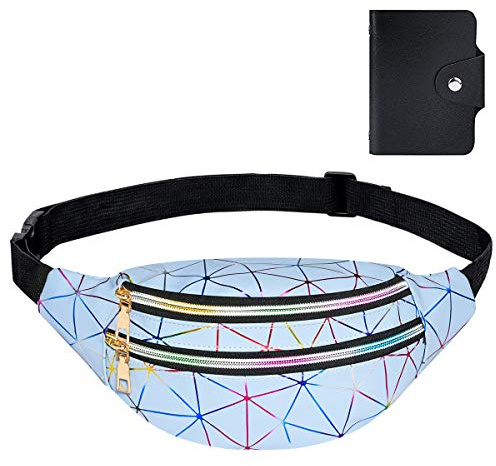 flintronic® Sac Banane, Sacoche Banane Ville Unisexe à Effet Holographique, Sac Etanche Multi-Poches Mode Imperméable Cuir PU pour Femme Homme Sport Voyage Randonnée Camping Loisir- Bleu