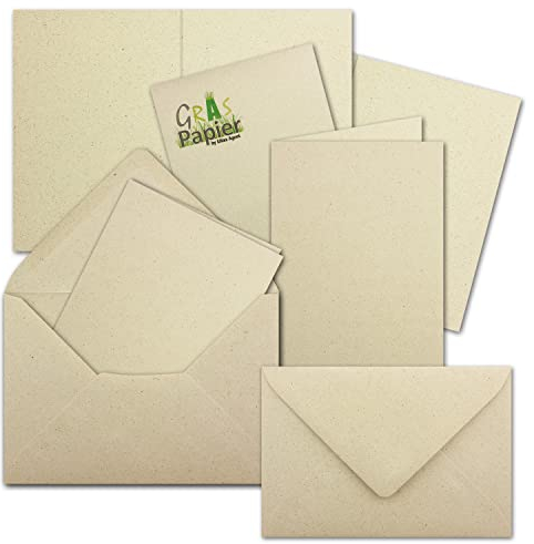 50x ÖKO Doppelkarten DIN A6 mit Briefumschlägen DIN C6 aus Graspapier - Recycling Papier 280 g/m² - Umwelt Bastelkarten für Einladungen und Grusskarten - Glüxx Agent