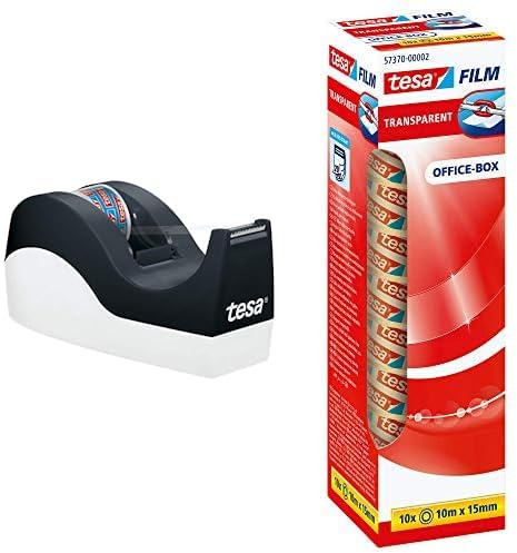 tesa Easy Cut Tischabroller ORCA - rutschfest, einfache Handhabung & film transparent - Transparentes Klebeband mit starker Haftung - alterungsbeständig und reißfest - 10 m x 15 mm - 10er Pack