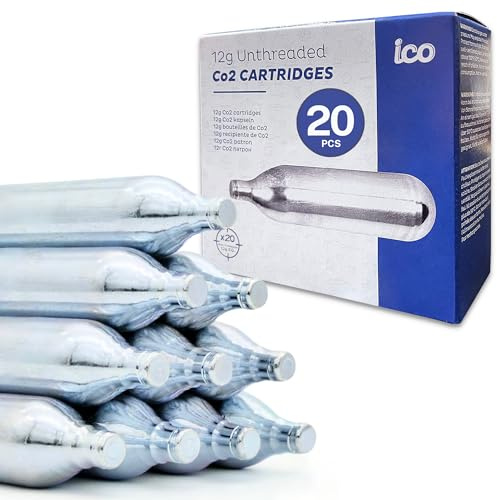 ICO 20pcs 12 Gram Co2 Cartridges Non-Threaded, CO2 cartridges BB Gun, CO2 BB Pistol, Airsoft Pistol, and Paintball Markers
