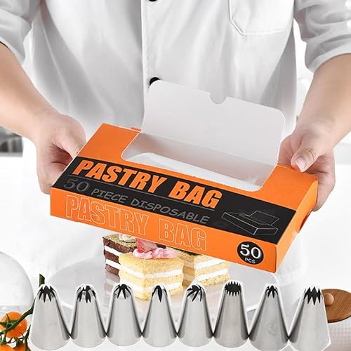 8 delar Piping Nozzle Set Cakes och 50 stycken storlek Engångspiping Bag och 1 Bag Decoration Set med rostfritt stål munstycke omvandlare, Cupcake Decorating Baking Set, bakning tillbehör.