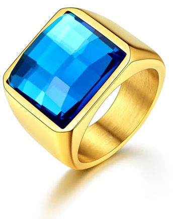 U7 Anello Uomo Oro con Pietra Blu 15mm Acciaio Inossidabile Taglia 17