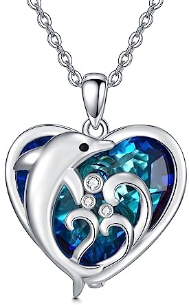 VONALA Collier dauphin pour femme en argent 925 avec pendentif en forme de cœur bleu et cristal - Bijou pour petite amie, femme, mère, fille, Argent sterling, Cristal