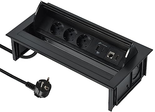 Electraline 62577 Mehrfachsteckdose Pop-up für Schreibtisch/Tisch Unterputzdose 3 Schuko-Steckdosen + 2 USB 3.1 A (1 Typ A + 1 Typ C) 15,5 W + 1 HDMI-Steckdose + 1 RJ45 Stecker Kabel 2M