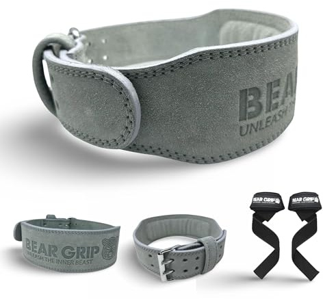 BEAR GRIP Weight Lifting Belt for Men & Women – Premium Suede Leather Gym Belt for Deadlifts, Squats - Double Prong Powerlifting Belt for Strength & Weight Training (Grey, Medium)