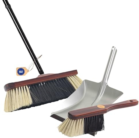Novaliv Zimmerbesen 4 TLG Steckstiel ROSSHAAR Mischung Besen weiche Borsten Schrankbesen mit Stiel und Handfeger Kehrblechgarnitur Metall Verzinkt mit Gummilippe Kehrblechbesen Feger und Kehrblech