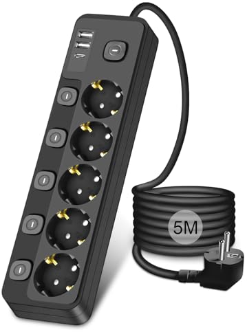 Steckdosenleiste einzeln Schaltbar mit 5M Kabel, 5 Fach Mehrfachsteckdose mit 2 USB-A und 1 USB C, Verteilersteckdose Steckdosenleiste üiberspannungsschutz Für Heim und Büro, Schwarz