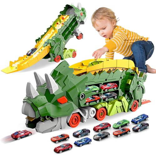 Sternstund småbarn billeksak för 3-4-5-6 år gamla pojkar, leksaksbilar dinosaurie, transport, lastbil med 10 billeksaker med gjutning, förvandlas till Dino (grön)