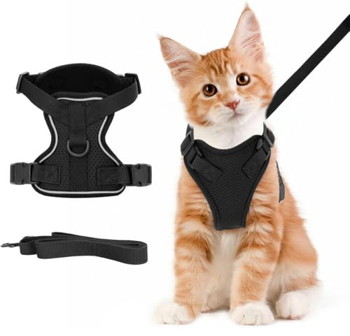 VYZUTR Harnais Réglable pour Chats et Chiots, Anti Évasion Réfléchissant, avec Laisse - XS, Noir