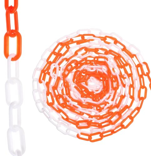 PATIKIL 50Ft Plastic Chain Safety Barrier, Safety Chain Links Crowd Control Barrier for Fence Gate Garden Construction Driveway Elevator Parking Lot Queue Line, Orange White