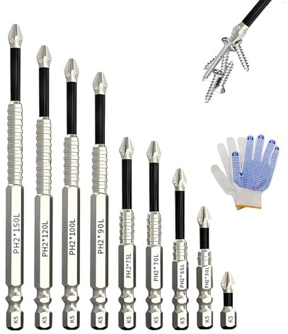 9PC High Magnetic Screwdriver Drill Bit Set, Magnetize Screw Bits, Anti-Slip Strong Grip Professional Driver Bits for Precision Drilling and Fastening 25-150mm 1 Set