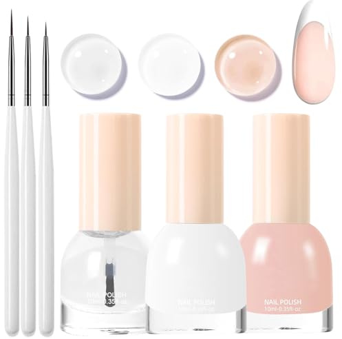 French Manicure Nail Polish Kit, Quick Dry French Nail Varnish Set with Top Coat and 3Pcs Ultra Thin Nail Art Pen, Jelly Nude and White Nail Gel for Women Girls Nail Art at Home - No Need Bake