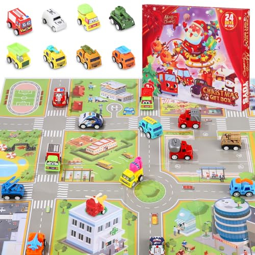 Zounin Calendario Adviento Infantil 2025, Coches Juguetes Niños Calendario Adviento de Cuenta Regresiva, con Mapa, 24 Juguetes para Autos, Regalo Sorpresa de Navidad, Niños 3-12 Años