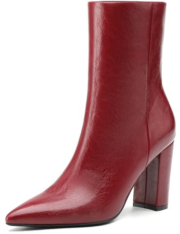 NEWBELLA Women's British Style Ankle Boots - Fashionable Vegan Leather Short Boots, Versatile Chunky Heel Booties for Everyday Wear, Burgundy 8.5