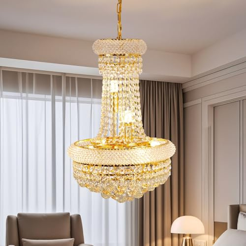Vrygle Lustre en Cristal Moderne - Suspension Luminaire Salon Cristal Rond Dorée Pour Chambre, Salle à Manger, Restaurant, E14 X 6, Ø 41 cm