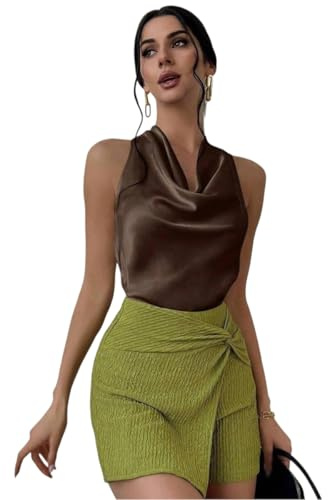 Generico Blusa Donna,Top in Raso di Seta con Scollo A V E Lacci sul Retro per Le Donne, Camicie da Sera Eleganti E Casual Senza Maniche, per Feste, San Valentino, Colore caffè M