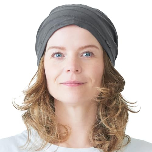 Lättviktig sommarmössa i 100 % bomull mjuk stickad mössa för kvinnor för kemoterapi, Mörkgrå, M