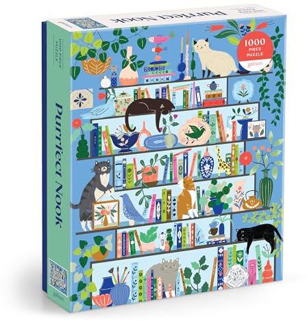 Galison Purrfect Nook – 1000 Piece Jigsaw Puzzle Featuring Artwork of A Lively Cozy Shelf Made for Bibliophiles and Cat Lovers Alike