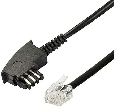 ecabo 10072 10m Telefonkabel Siemens/Telekom – TAE-F Stecker auf RJ11-Stecker – Anschluss-Kabel – Westernstecker – 4adrig – Flachkabel für Telefon AB FAX Modem – schwarz