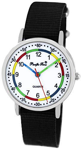 Pacific Time Mädchen Jungen Uhr Lernuhr analog Quarz mit Textilarmband schwarz 10807