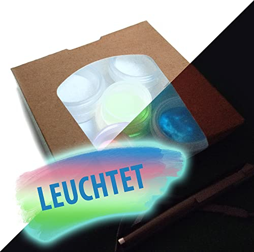 lumentics Set Glitzer mit UV-Lampe - 5x im Dunkeln leuchtendes Farbpulver. Nachleuchtende, phosphoreszierende Glitzerpulver. UV Pigmente Glitter für Farbe, Harz und Lack.
