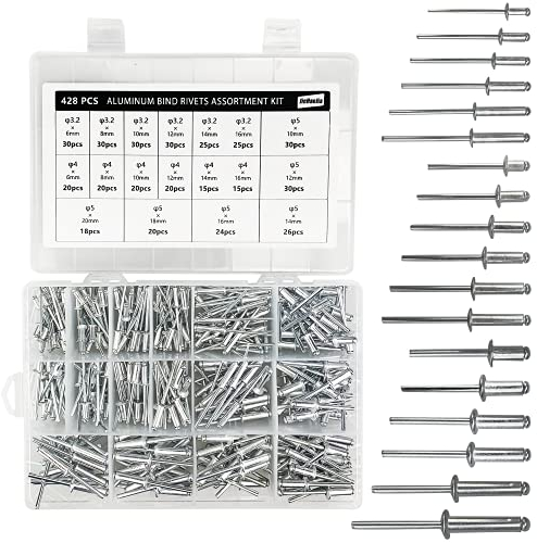 428 Piezas Remaches Aluminio,3,2/4/5 mm Remaches Ciegos Remaches Pop Caja Remaches Aluminio, 18 Tamaños Surtido Remaches Aluminio para Metal Madera Plástico