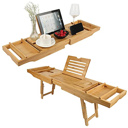 Plateau de Baignoire Extensible, Pont de Baignoire sur Pied en Bois, Etagère à Baignoire Réglable en Longueur 75 à 109 cm, Bois