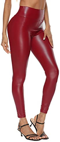 Jungerhouse Legging Long Taille Haute Simili Cuir Sexy Femme Pantalon (5XL, Vin Rouge)