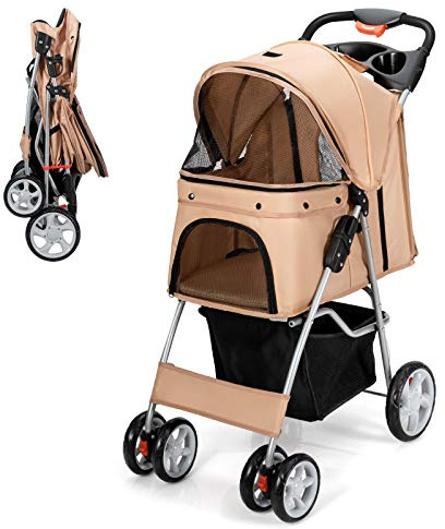 COSTWAY Passeggino per Cani, Carrozzina per Cani Pieghevole Fino a 15 kg, 4 Ruote con Finestra a Rete Porta Bicchiere e Cesto, Passeggino Portatile per Animali Piccola e Media (Beige)