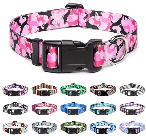 Mercano Collar para Perros Ajustable y Resistente - Patrones de Diseño Especial, Cómodo Nylon Suave para Perros Pequeños Medianos Grandes (S, Camuflaje Rosa)