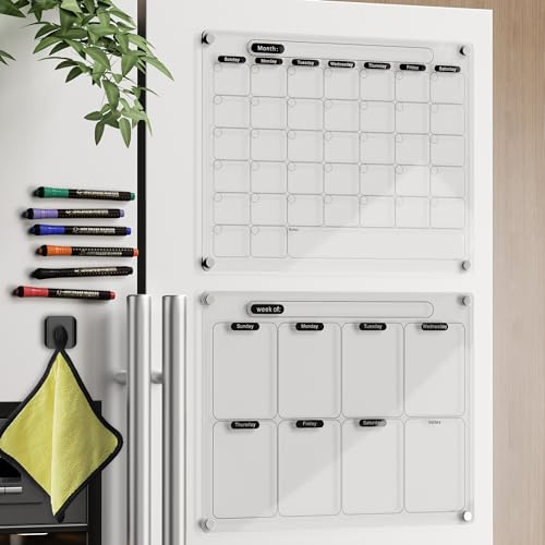 Mag-Fancy Calendario magnético acrílico para nevera, juego de 2 calendarios transparentes de borrado en seco, tablas de planificación reutilizables mensuales y semanales, color negro, con marcadores