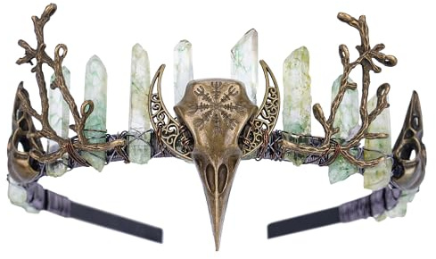 CoTeeZa Green Fairy Crystal Crown - Handmade Raw Quartz Tiara with Bronze Crow Branch Moon Elf Headpiece Fantasy Forest Witch Crown Wedding Renaissance Halloween Cosplay Woodland Headband