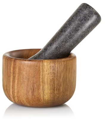 AdHoc Taru Pestle and Mortar Set, 9cm, Acacia Wood/Granite, Herb and Spice Grinder, Anti-Bacterial Surface
