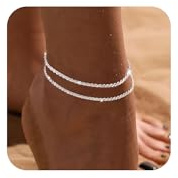 Robaice Silver Ankle Bracelets for Women, Glitter Waterproof Adjustable Anklet for Women, Sterling Silver Layered Anklets, Summer Beach Anklet Jewelry for Women Gift