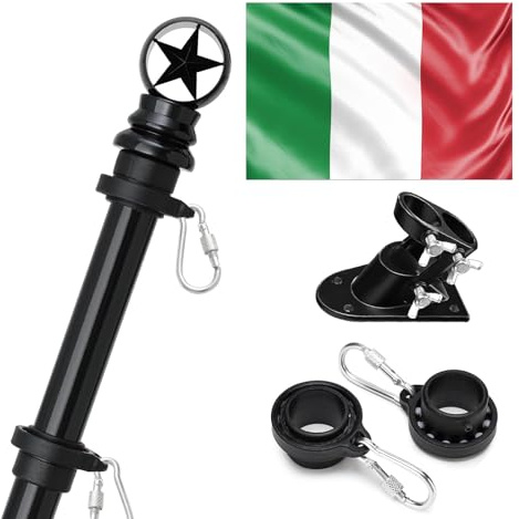 TALITARE 180cm Kit de Asta de Bandera de Aluminio Negro con Kit de Soporte de Asta de Bandera de Acero Inoxidable con Anillos Giratorios con Copa de Pentagrama Incluye Bandera Italiano