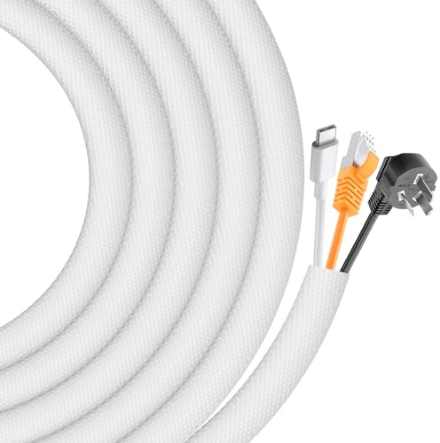 10 mm – 4 m självstängande kabelslang, vit flexibel kabelkanal, kabelhantering, vävd kabelkappa för hund katt, kabelskydd, kan skäras till storlek för TV, dator, skrivbord, bilkabel