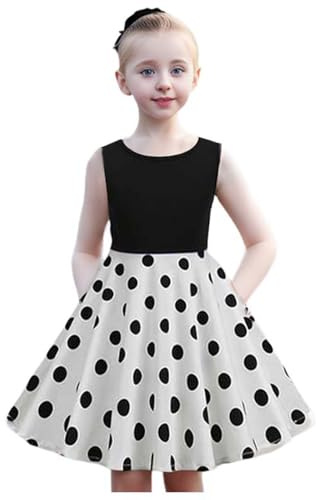 OIUHJN Robe de princesse vintage à col rond sans manches à pois pour enfant - Noir - Taille 140, Blanc., 11-12 ans