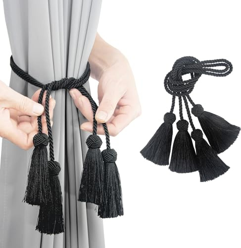 Porlau Elegant Curtain Tiebacks Rope Decorative Curtain Tie Backs for Drapes Hand Woven Window Treatment Holdbacks with Tassel, Black 2pack