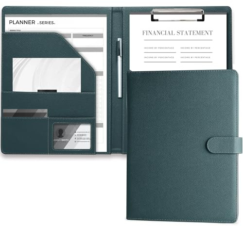 Mymazn Carpeta Portadocumentos A4 Carpeta con Pinza, Portafolios A4 de Piel, Protège-document Pour Bloc-notes Standard de Format Avec Poche Intérieure (Verde Grisáceo)