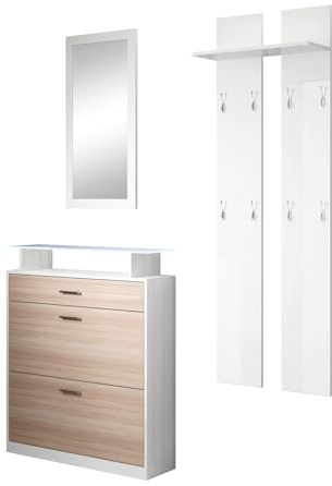 MB Muebles Bonitos | Conjunto Recibidor Paola Set con Zapatero | Espejo | Perchero | Luz LED | Diseño Moderno | Melamina Brillo y Mate | Color Blanco y Sonoma