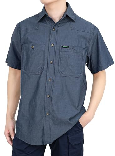 BOCOMAL Men's Short Sleeve Button Down Work Shirts Summer Relaxed Fit - Lightweight 100% C Chambray, EX-Soft, Utility Pockets